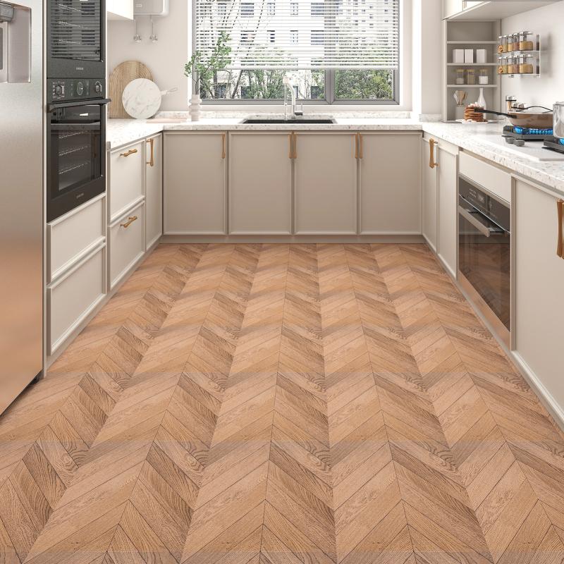 Natural wood color faux herringbone floor