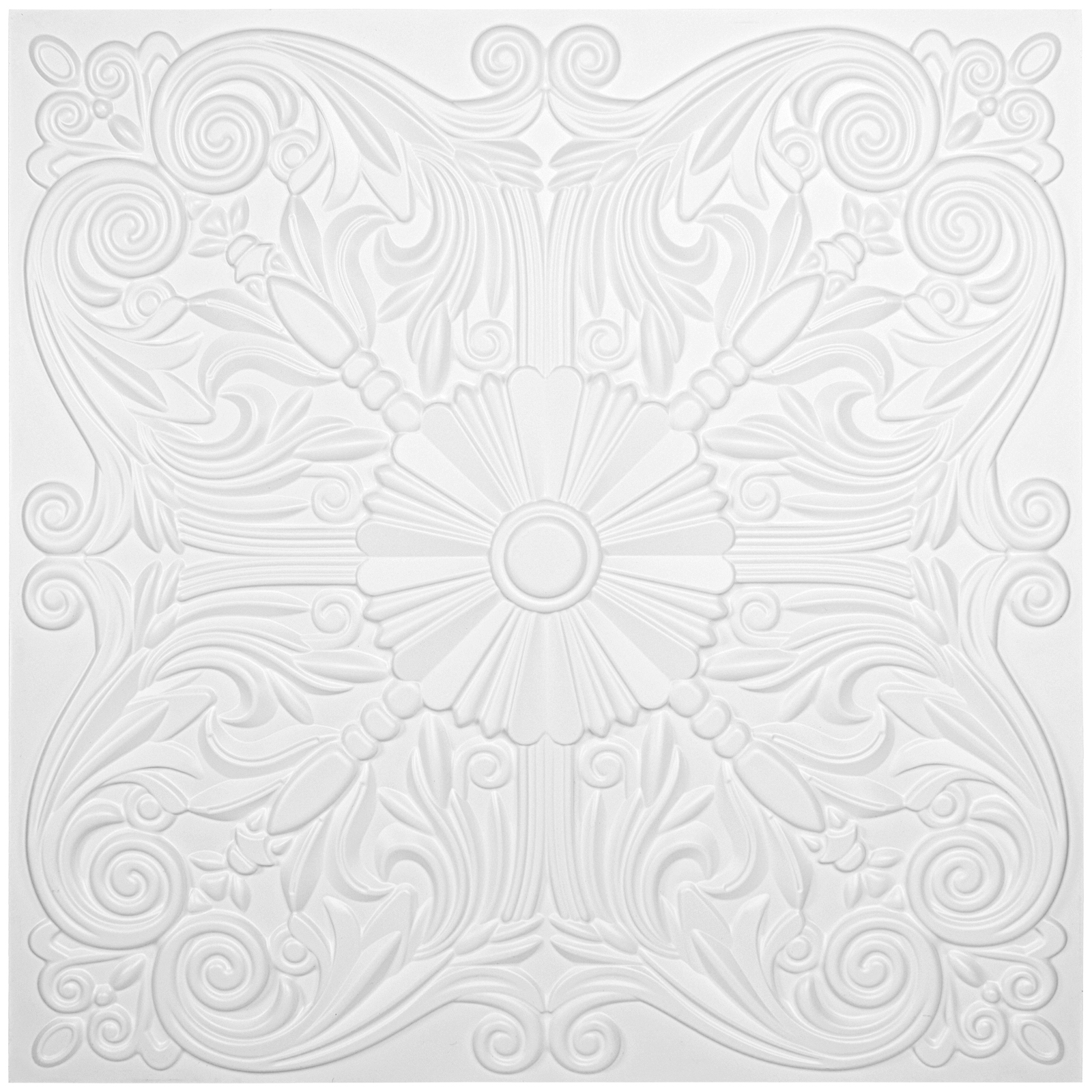 A10904P12 -Decorative Ceiling Tile 2x2 Glue up, Lay in Ceiling Tile 24x24 Pack of 12pcs Spanish Floral in Matt White