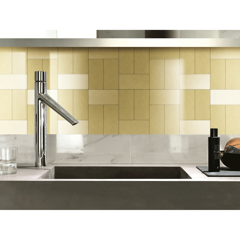 Brushed Champagne Long Grain Metal Tile, Peel and Stick Backsplash for Kitchen & Bathrooms