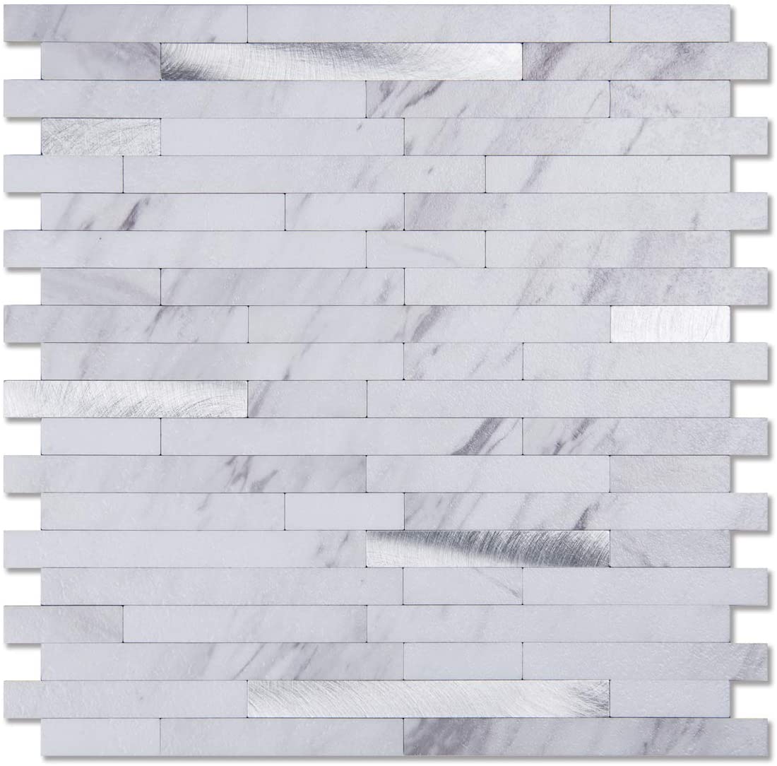 A16611-Art3d 10-Sheet Peel and Stick Stone Backsplash Tile for Kitchen, Bathroom - Volakas White Embellished with Metal Silver
