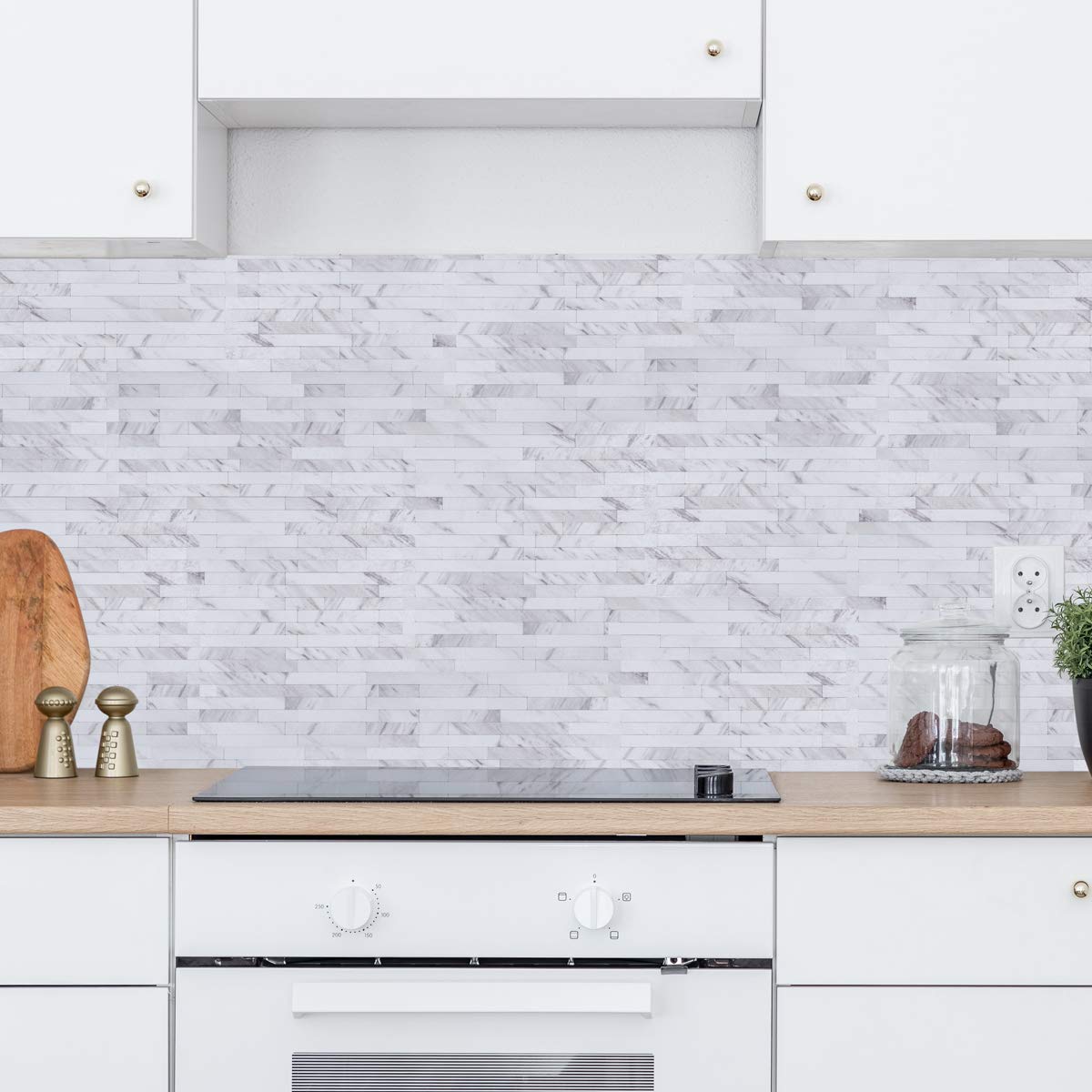 A16614-Art3d 10-Sheet Peel and Stick Stone Backsplash Tile for Kitchen, Bathroom - Volakas White Embellished with Metal Silver