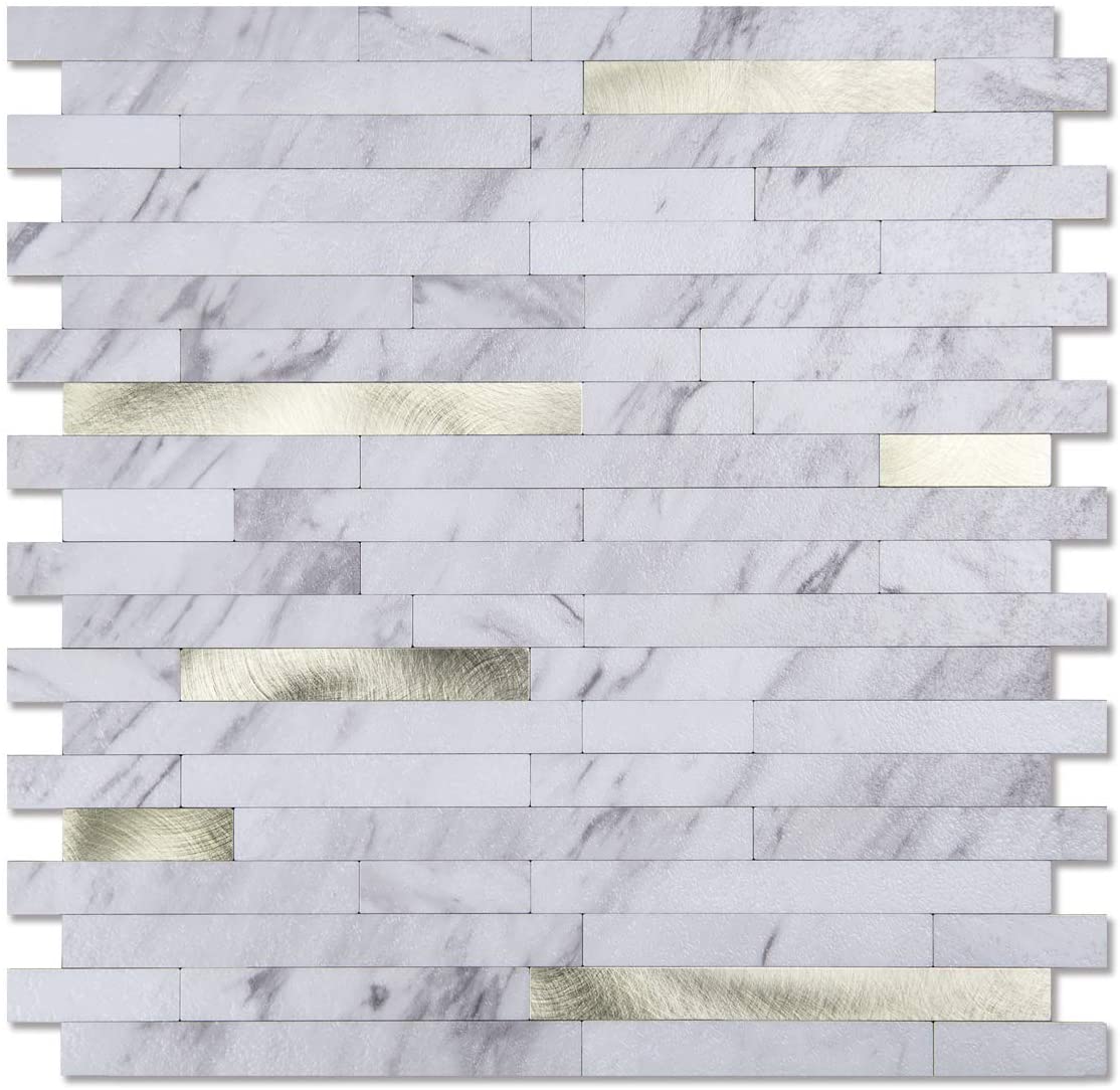 A16612-Art3d 10-Sheet Peel and Stick Stone Backsplash Tile for Kitchen, Bathroom - Volakas White Embellished with Metal Silver