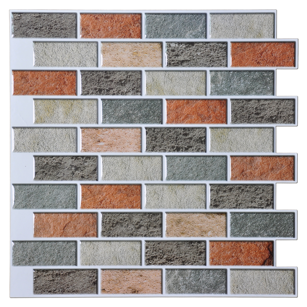 A17033 - Vinyl Self-adhesive Wall Tile Colorful Bricks Design, 12in x 12in