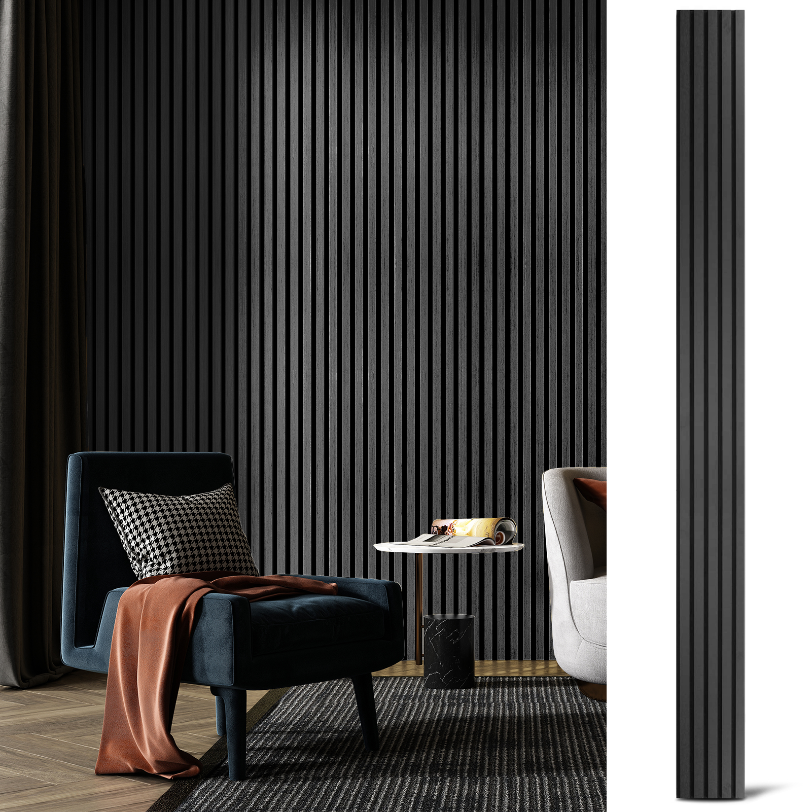 A31001-Art3d 4-Piece Wood Slat Acoustic Panels for Stylish Decor and Noise Reduction, 3D Textured Panel for Ceiling and Wall, Matte Black