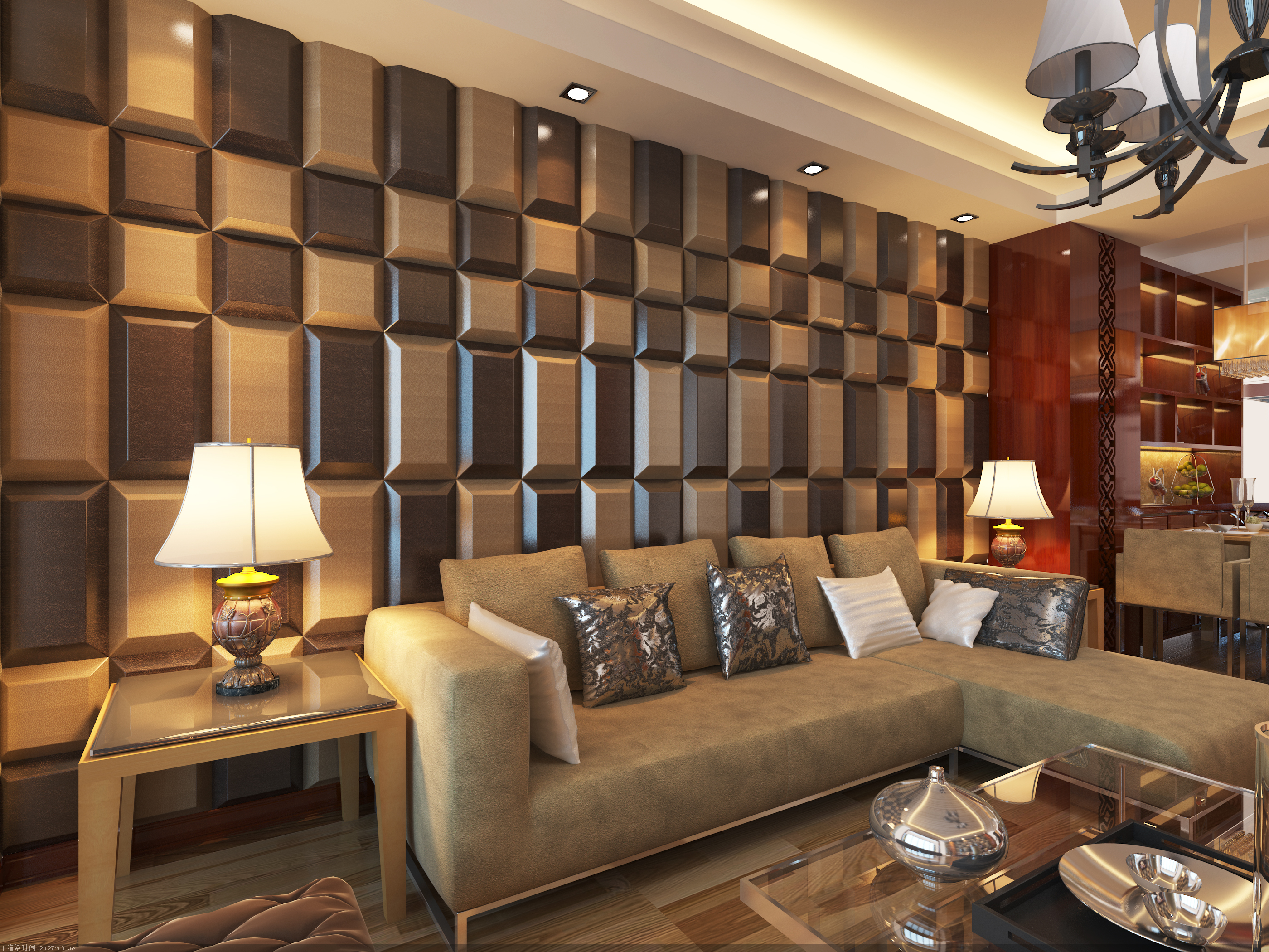 3D Leather Tiles in Living Room Wall Design