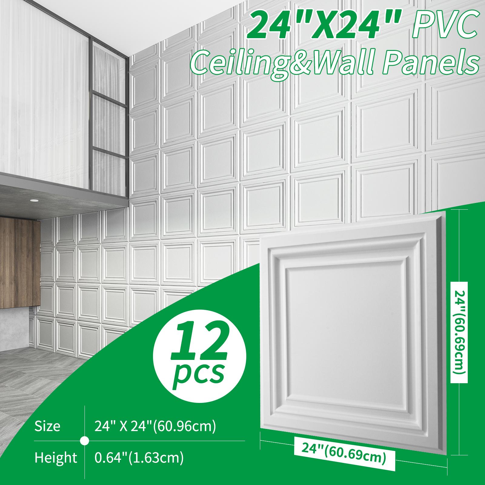 A10905P12 -Decorative Ceiling Tile 2x2 Glue up, Lay in Ceiling Tile 24x24 Pack of 12pcs Spanish in Matt White