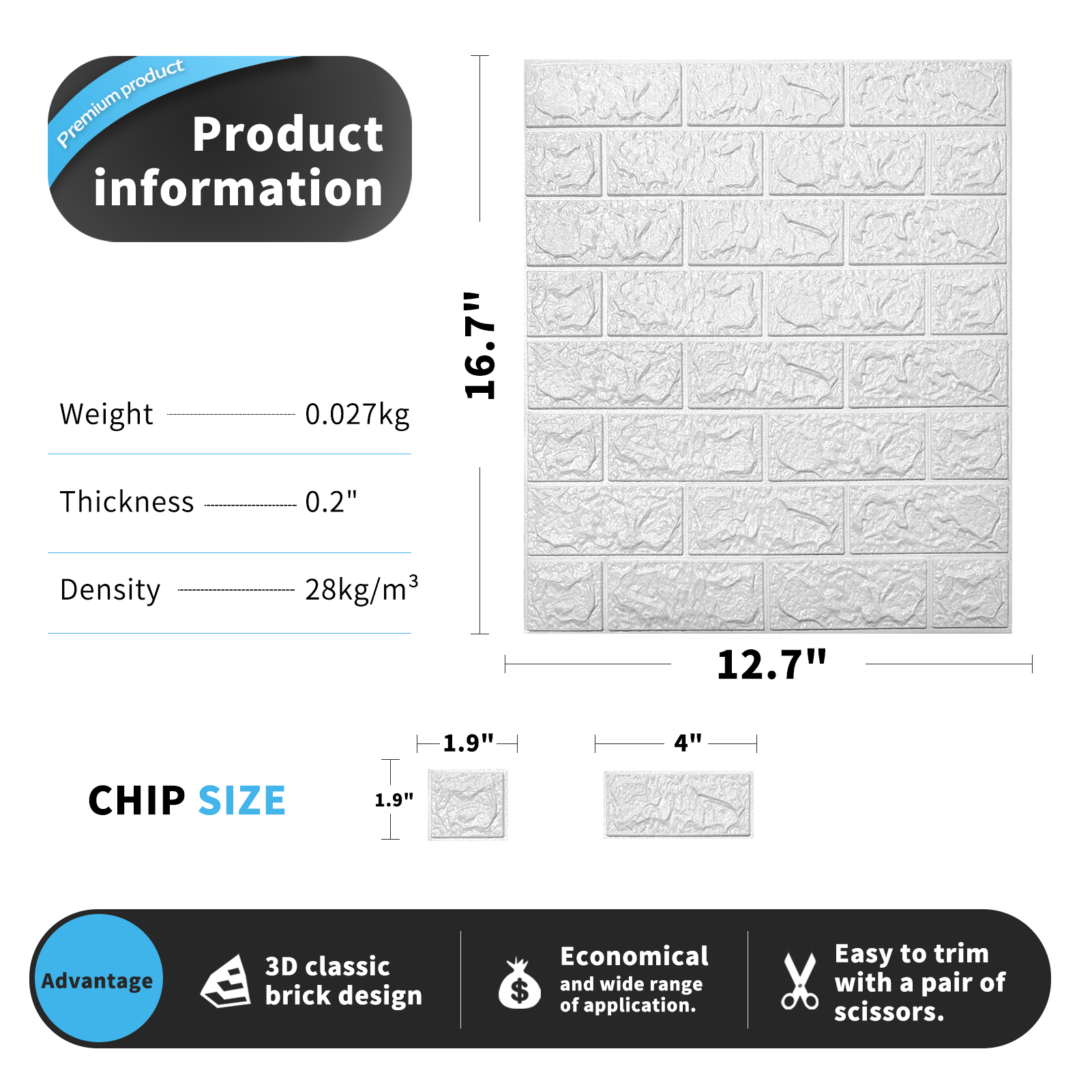 A06005-Art3d 30 Pcs 3D Brick Wallpaper foax foam brick wall in  white(43.5Sq.Ft)