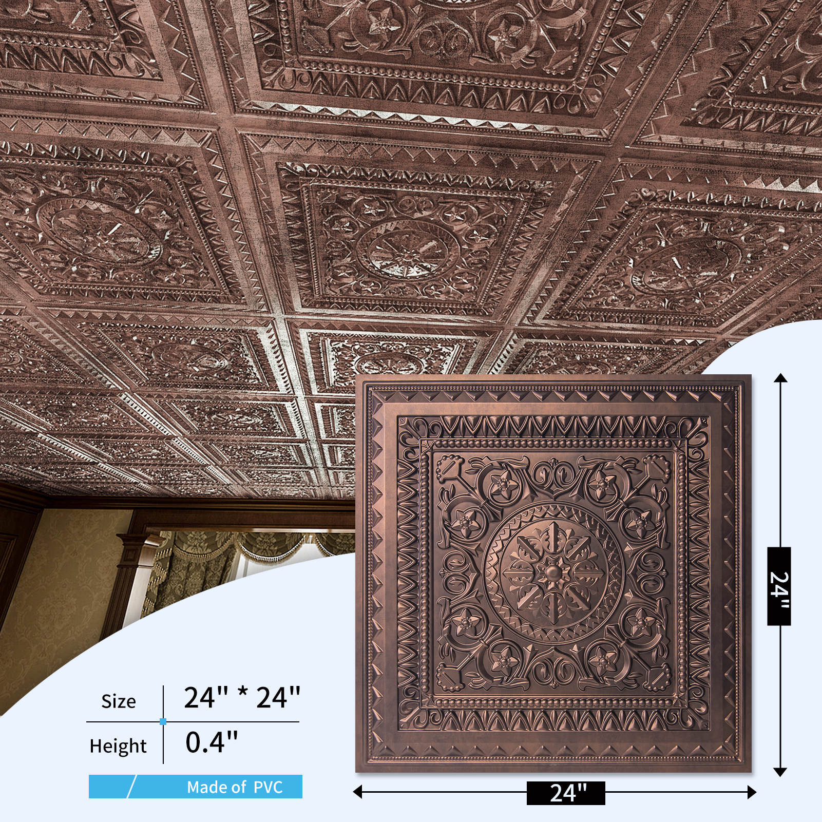2X2ft PVC Drop Ceiling Tiles in Antique Copper,12pcs