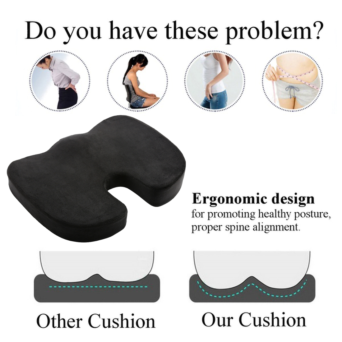 Premium Memory Foam Lumbar Support Pillow and Seat Cushion Coccyx Orthopedic, Set of 2, Black