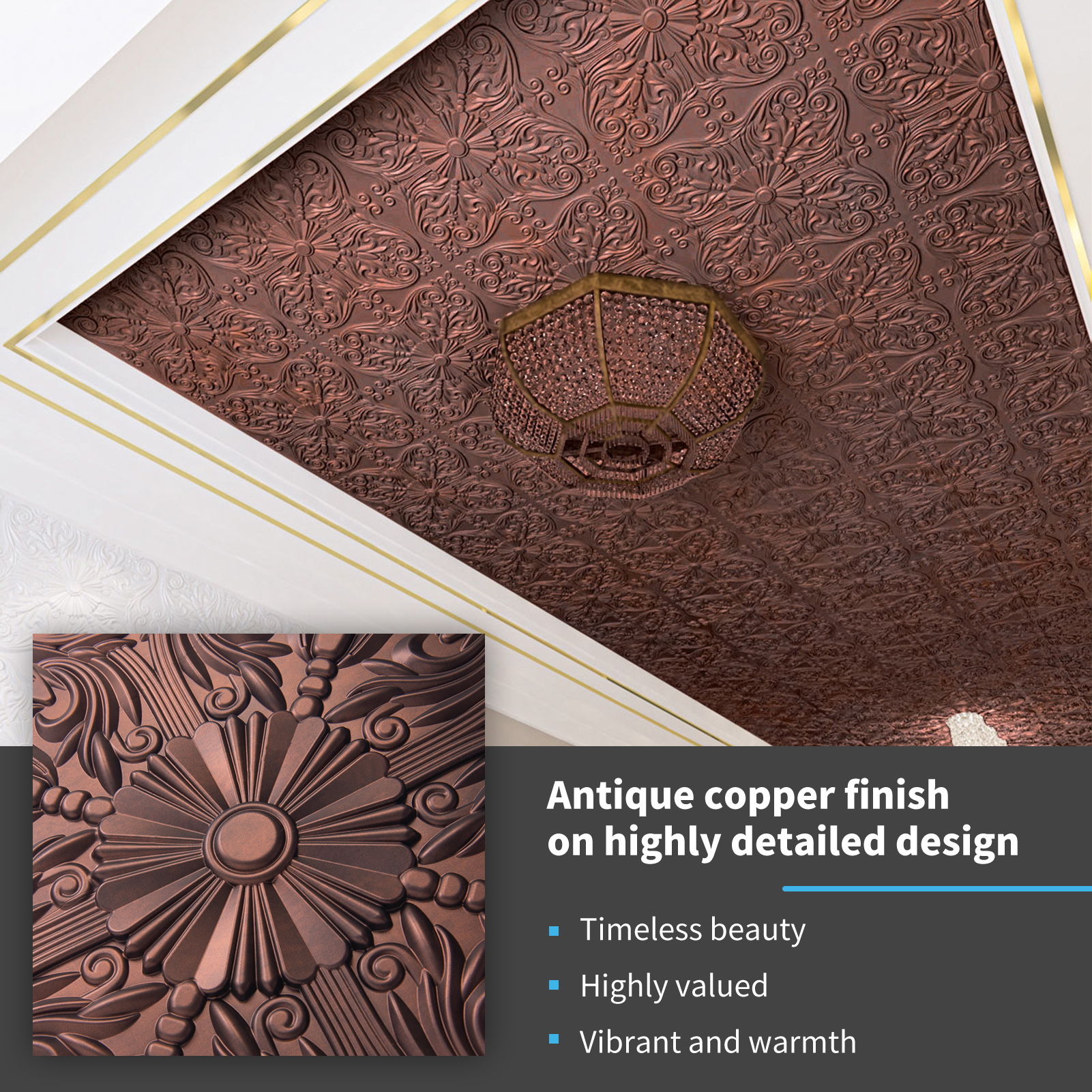 thumbnail image 2 of Art3d Antique Copper PVC Ceiling Tiles - Fancy Classic Style, 2x2 Ft, 12-Pack 2 of 3