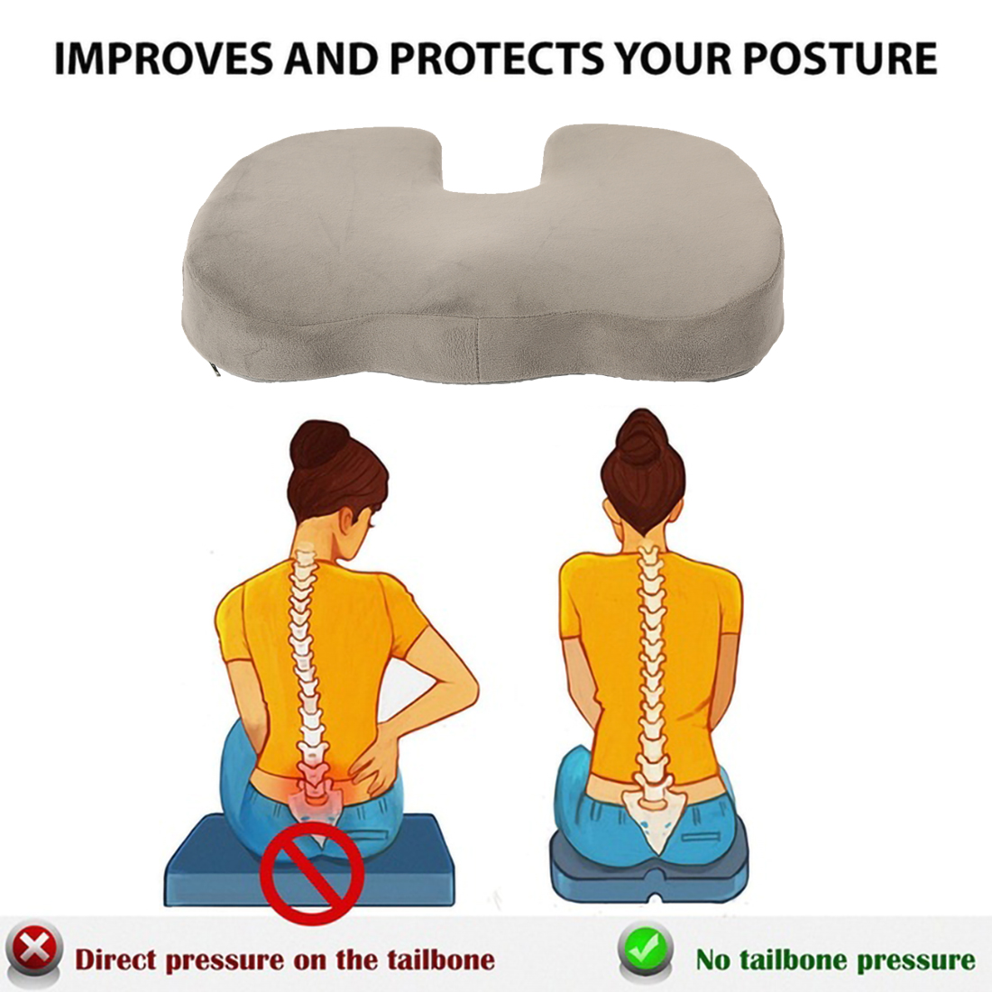 Gray Premium Orthopedic Memory Foam Seat Cushion Coccyx Tailbone Pain -  Sciatica Back Pain Relief - Office Chair